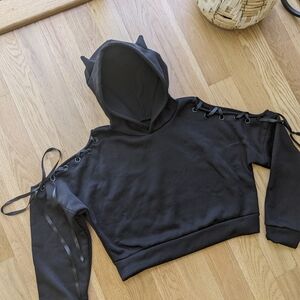 Black Cropped Cat Ear Open Shoulder Hoodie